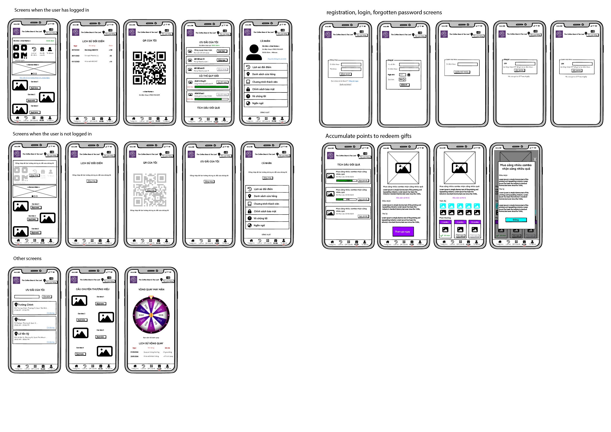 coffe bean loyalty website - wireframe